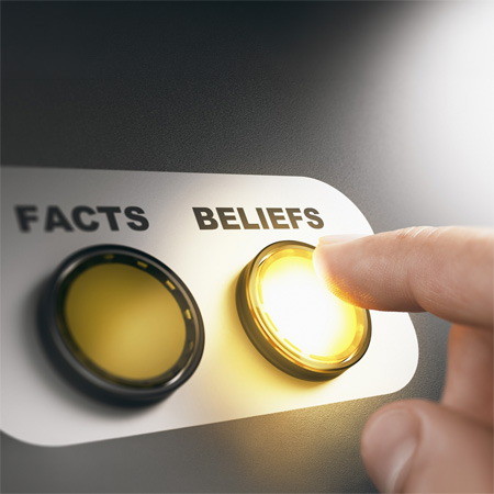 confirmation bias, showing a human hand pressing an illuminated glowing button labeled "Beliefs" while an adjacent button labeled "Facts" remains unlit.