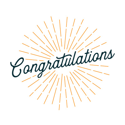 This graphic is celebratory design featuring the word "Congratulations" in a dark cursive script overlaid on top of orange sunburst light rays.